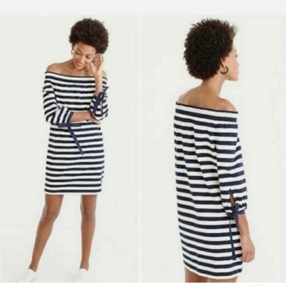 JCrew Stripe Off Shoulder Quarter Sleeve Tied Cuffs Mini Shift Dress Navy Ivory - Picture 9 of 9